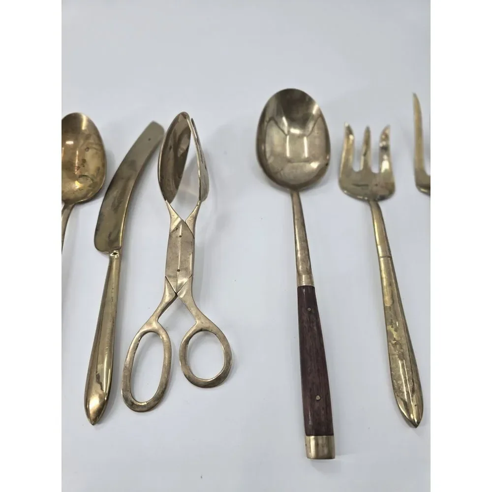 8 Pc Vintage  Piece Flatware Serving‎ Set THAILAND Bronze & Wood